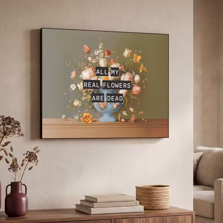 Bloem - Quote - Vintage - Art Textielframe zwart klein -sfeer3