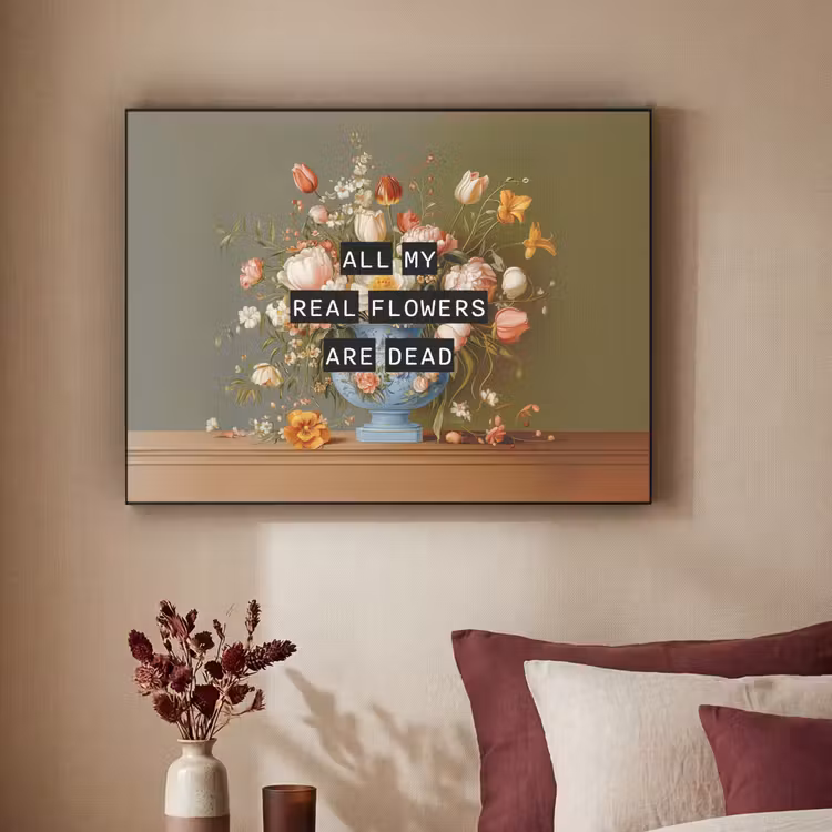 Bloem - Quote - Vintage - Art Textielframe zwart klein -sfeer1