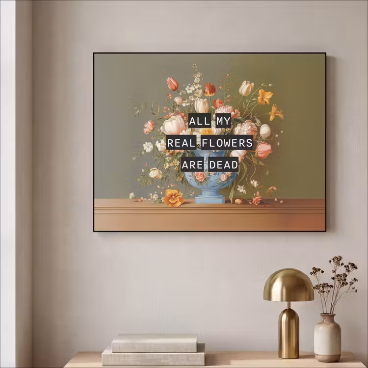 Bloem - Quote - Vintage - Art Textielframe zwart klein -sfeer2