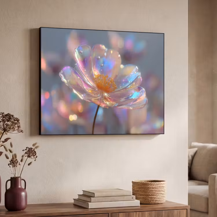 Bloem - Transparant - Pastelkleuren - Druppels Textielframe zwart klein -sfeer3