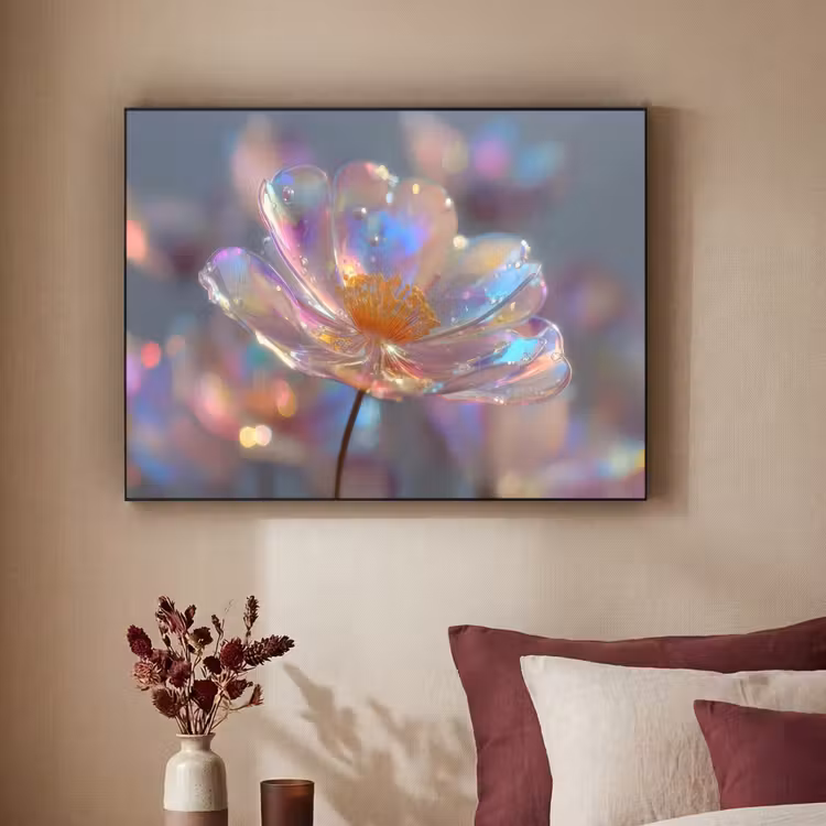Bloem - Transparant - Pastelkleuren - Druppels Textielframe zwart klein -sfeer1