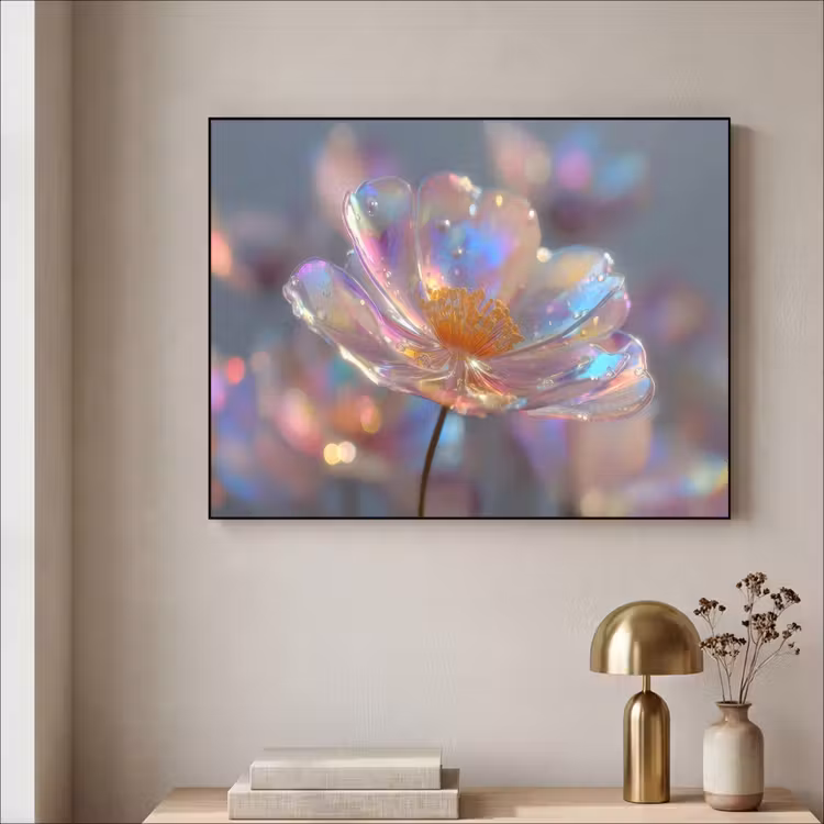 Bloem - Transparant - Pastelkleuren - Druppels Textielframe zwart klein -sfeer2