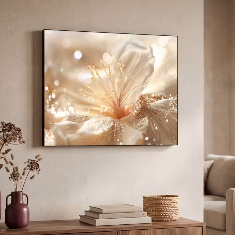 Bloem - Wit - Glitter - Goud - Modern Textielframe zwart klein -sfeer3