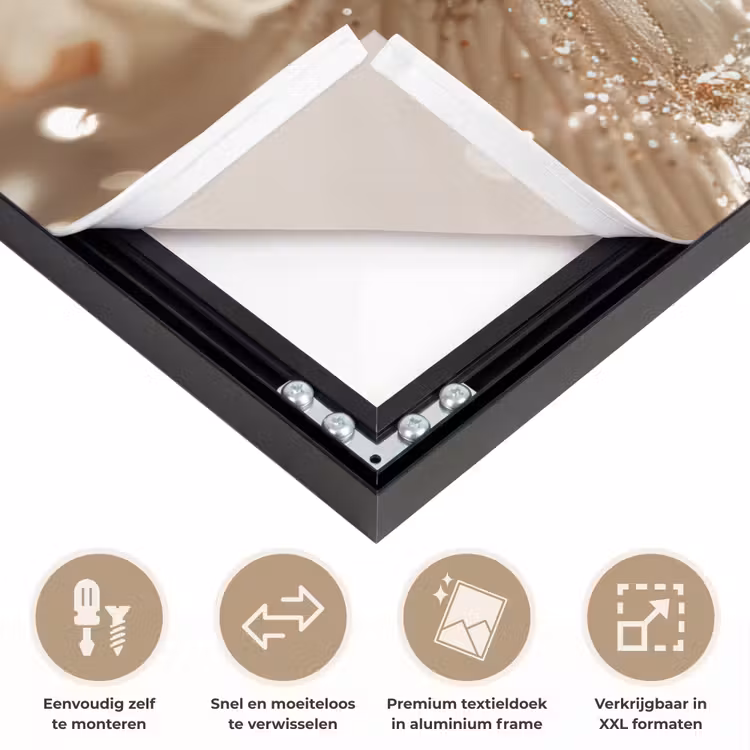 Bloem - Wit - Glitter - Goud - Modern Textielframe zwart klein -USP_closeupNL