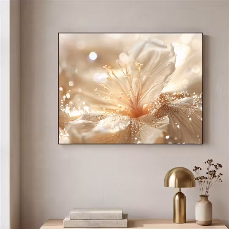 Bloem - Wit - Glitter - Goud - Modern Textielframe - compleet frame klein -sfeer2