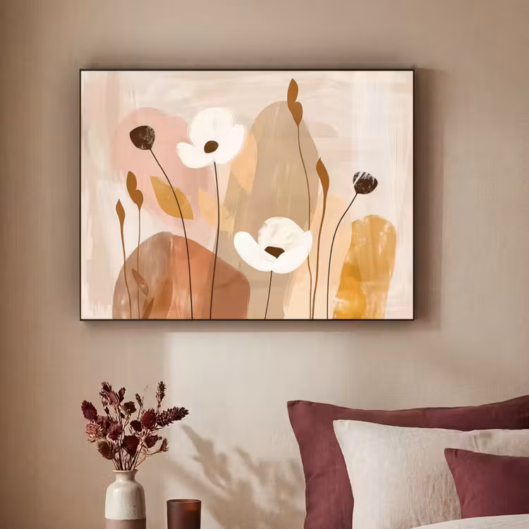 Bloemen - Abstract - Beige - Line art Textielframe zwart klein -sfeer1