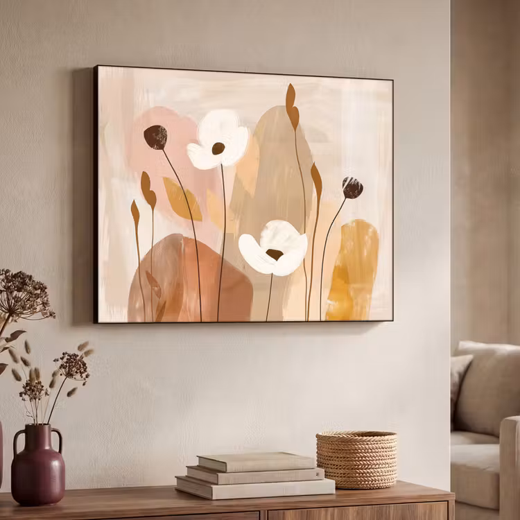 Bloemen - Abstract - Beige - Line art Textielframe zwart klein -sfeer3