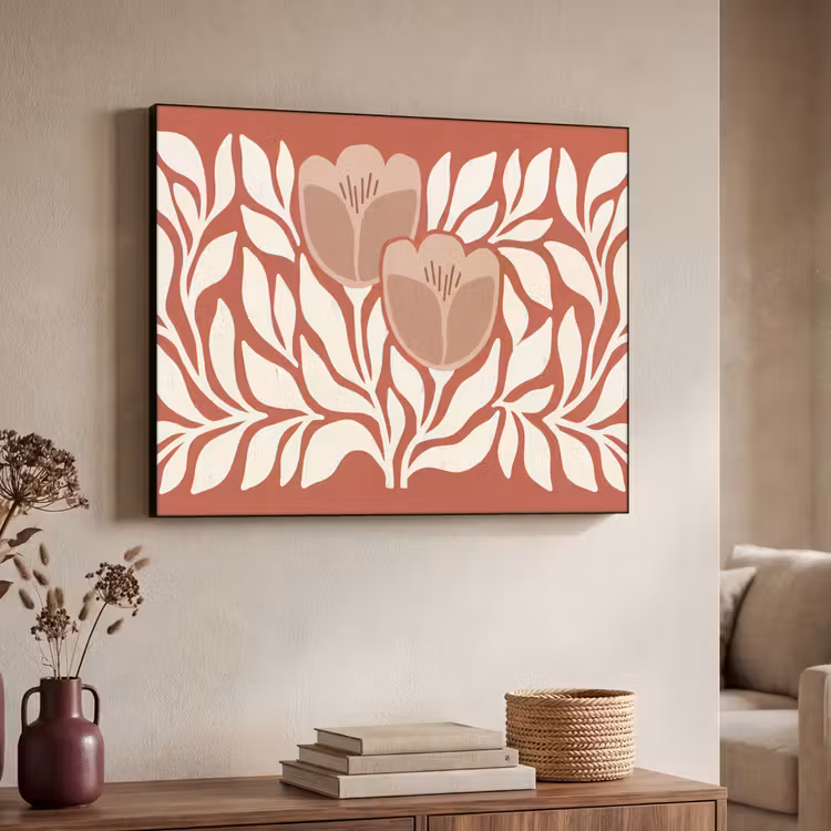 Bloemen - Abstract - Modern - Beige - Natuur Textielframe zwart klein -sfeer3
