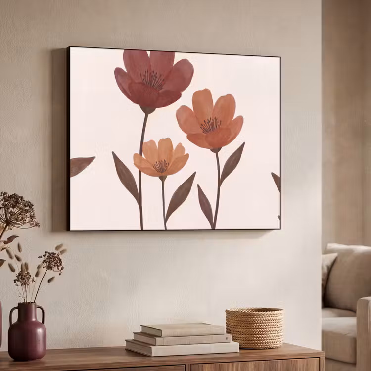 Bloemen - Abstract - Modern - Bruin - Decoratief Textielframe zwart klein -sfeer3