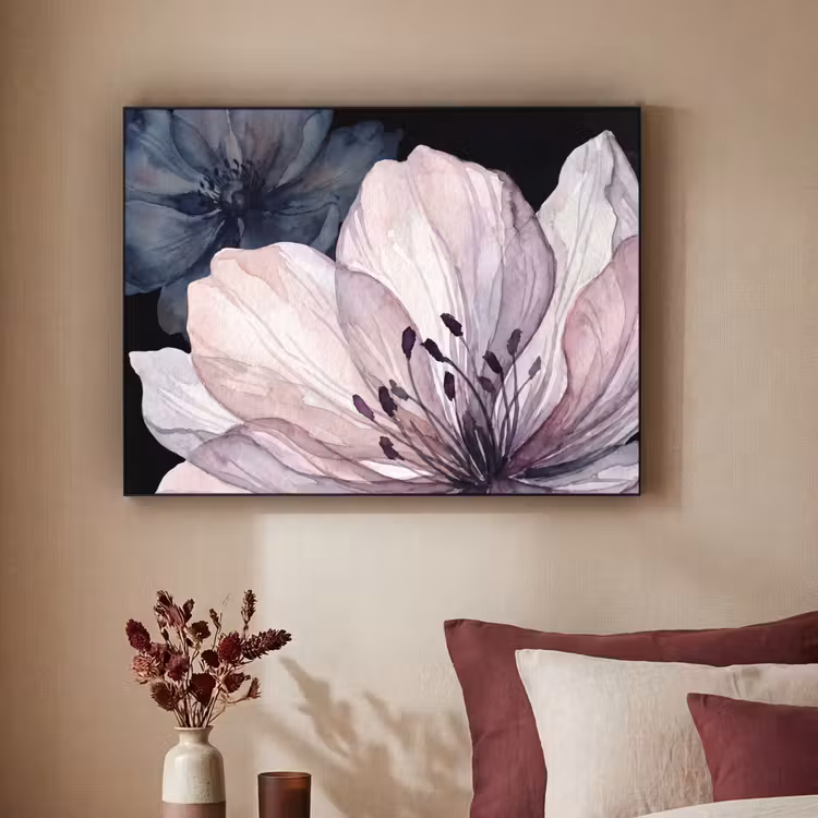 Bloemen - Aquarel - Modern - Roze - Donker Textielframe zwart klein -sfeer1