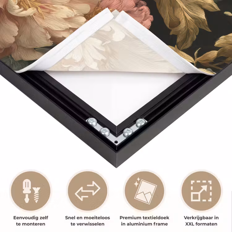 Bloemen - Barok - Patroon - Roze - Crème Textielframe zwart klein 947 -USP_closeupNL