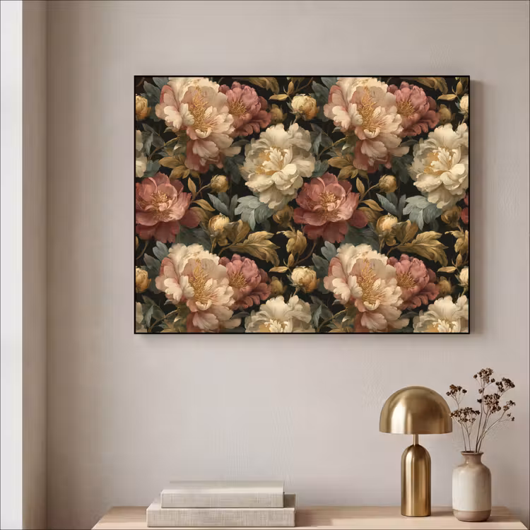 Bloemen - Barok - Patroon - Roze - Crème Textielframe zwart klein 947 -sfeer2