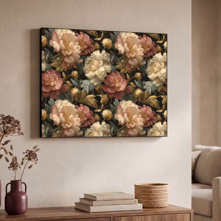 Bloemen - Barok - Patroon - Roze - Crème Textielframe zwart klein 947 -sfeer3