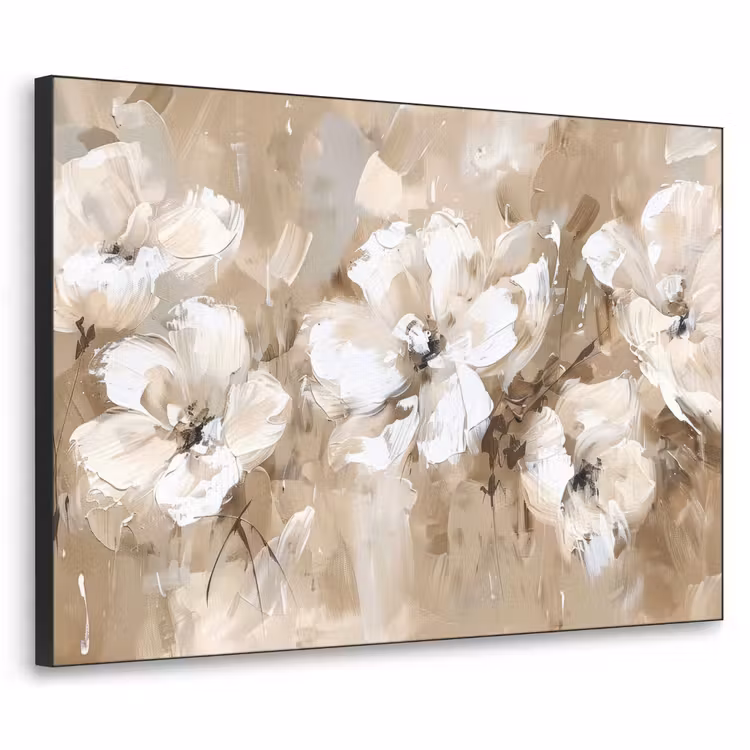 Bloemen - Beige - Abstract - Modern Textielframe zwart klein -3d