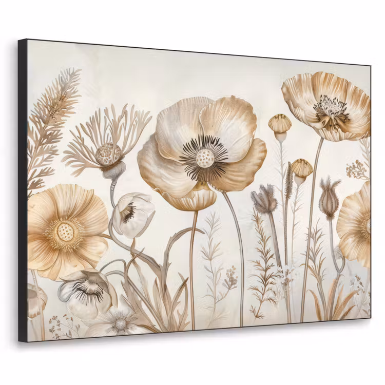 Bloemen - Beige - Natuur - Illustratie Textielframe zwart klein -3d
