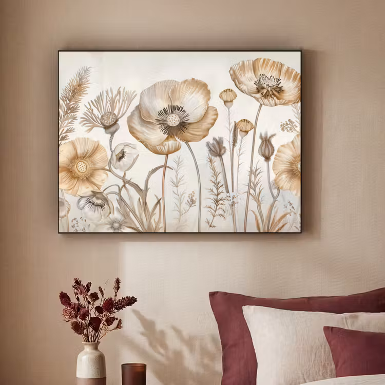 Bloemen - Beige - Natuur - Illustratie Textielframe zwart klein -sfeer1