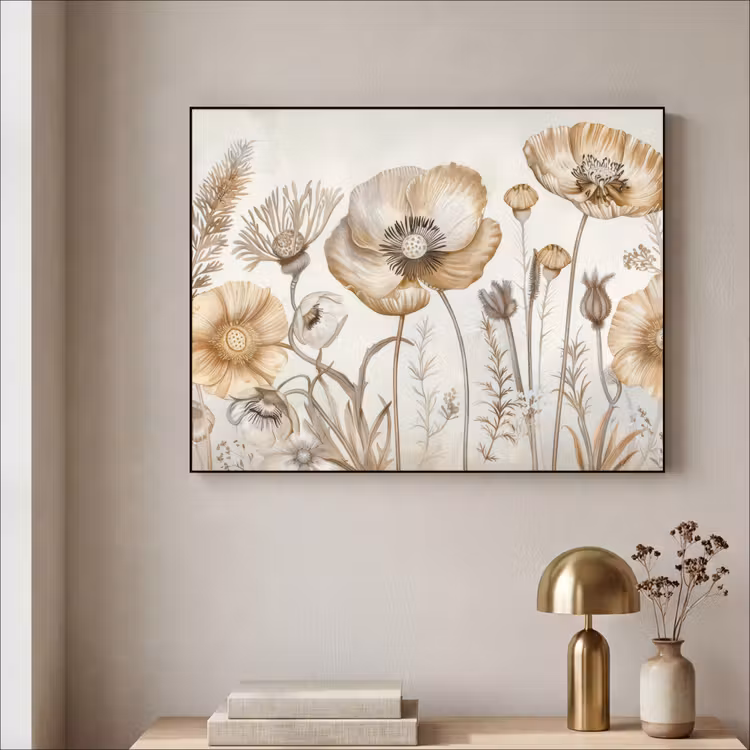 Bloemen - Beige - Natuur - Illustratie Textielframe zwart klein -sfeer2
