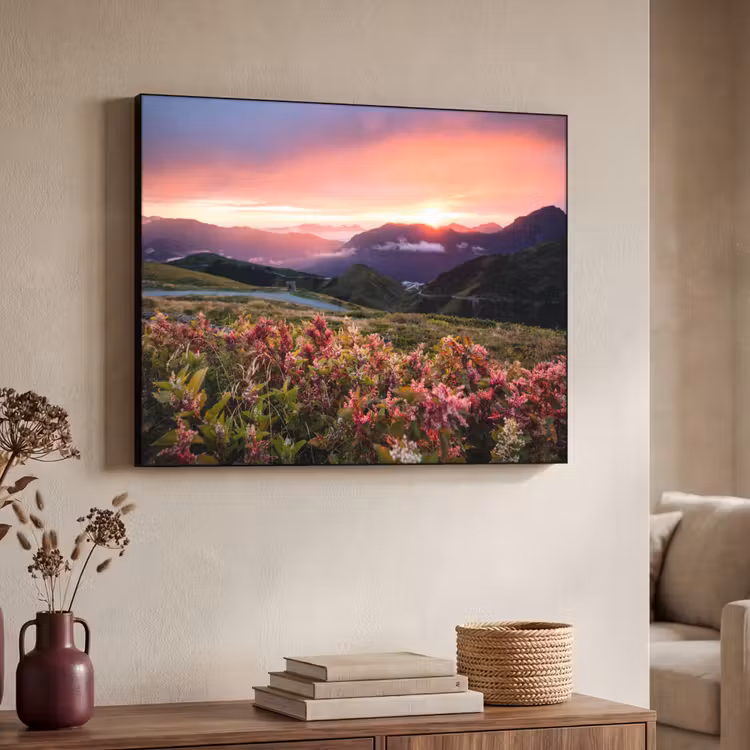 Bloemen - Bergen - Landschap - Nacht - Lucht - Roze Textielframe zwart klein -sfeer3