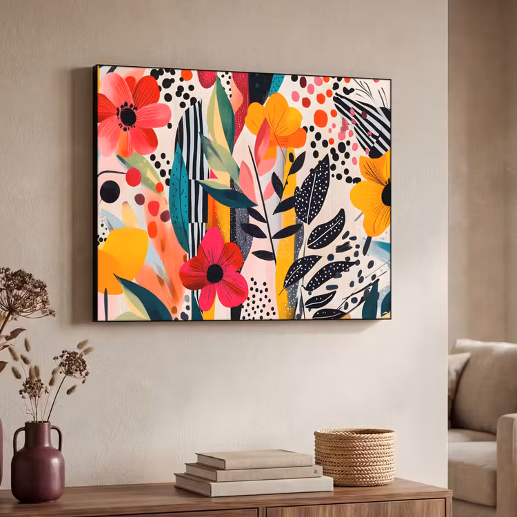 Bloemen - Bladeren - Abstract - Kleurrijk Textielframe zwart klein -sfeer3