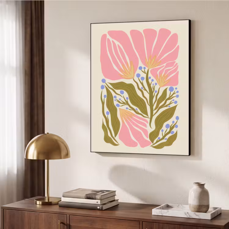 Bloemen - Bladeren - Abstract - Roze Textielframe - compleet frame klein -sfeer3