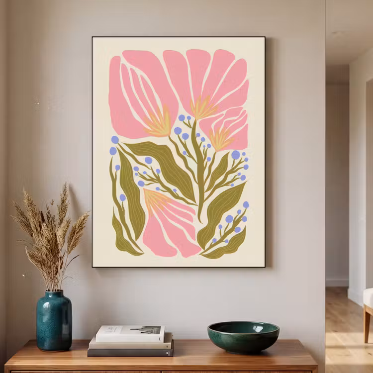 Bloemen - Bladeren - Abstract - Roze Textielframe - compleet frame klein -sfeer1