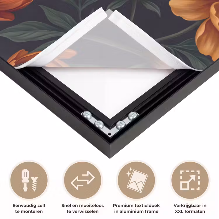 Bloemen - Bladeren - Natuur - Modern - Oranje Textielframe zwart klein -USP_closeupNL