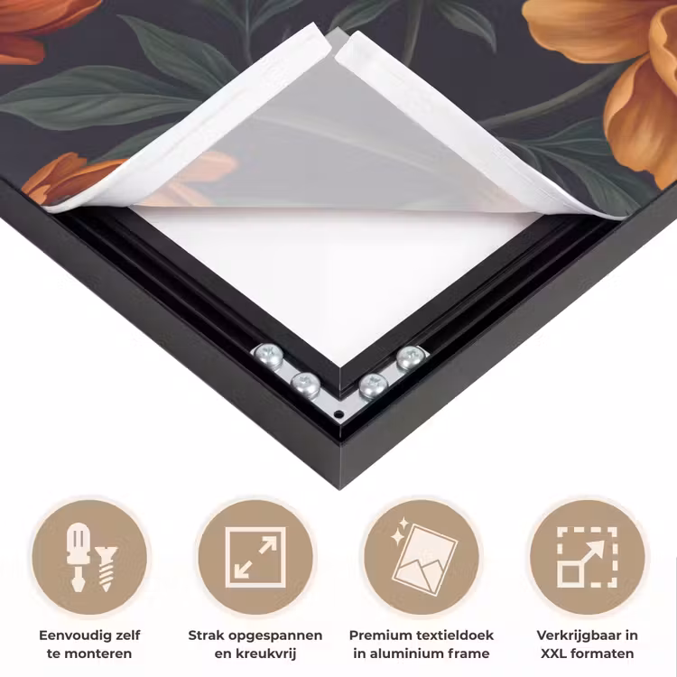 Bloemen - Bladeren - Natuur - Modern - Oranje Textielframe zwart klein -USP_feed_closeupNL