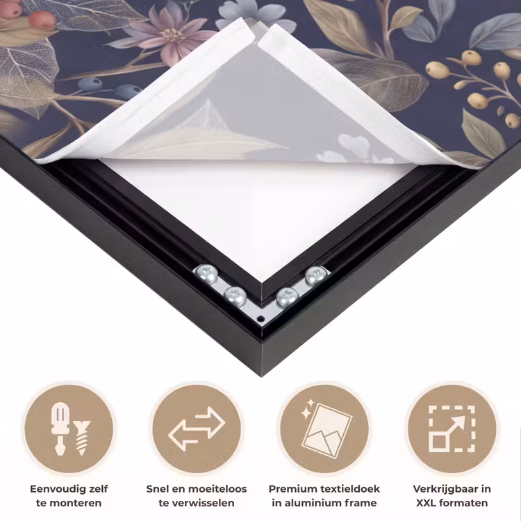 Bloemen - Bladeren - Patroon - Botanisch - Donkerblauw Textielframe zwart klein -USP_closeupNL