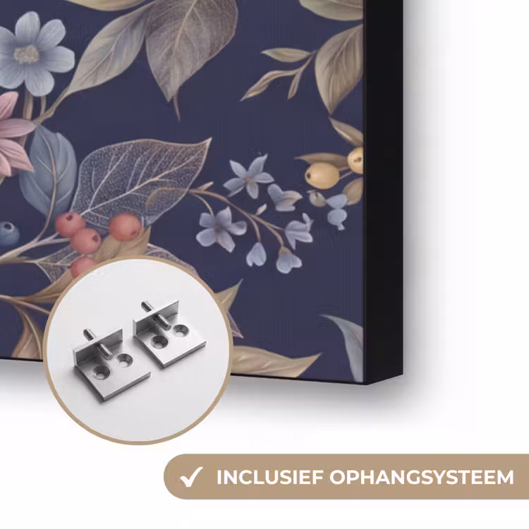 Bloemen - Bladeren - Patroon - Botanisch - Donkerblauw Textielframe zwart klein -USP_ophangsysteemNL