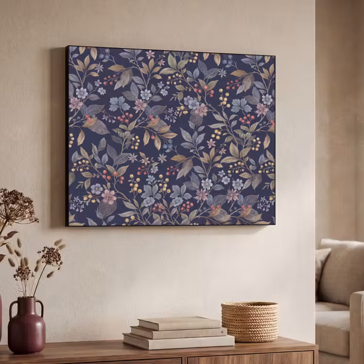 Bloemen - Bladeren - Patroon - Botanisch - Donkerblauw Textielframe zwart klein -sfeer3