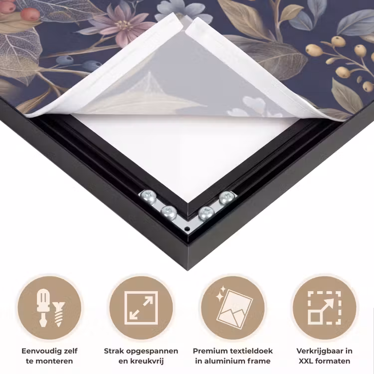 Bloemen - Bladeren - Patroon - Botanisch - Donkerblauw Textielframe zwart klein -USP_feed_closeupNL
