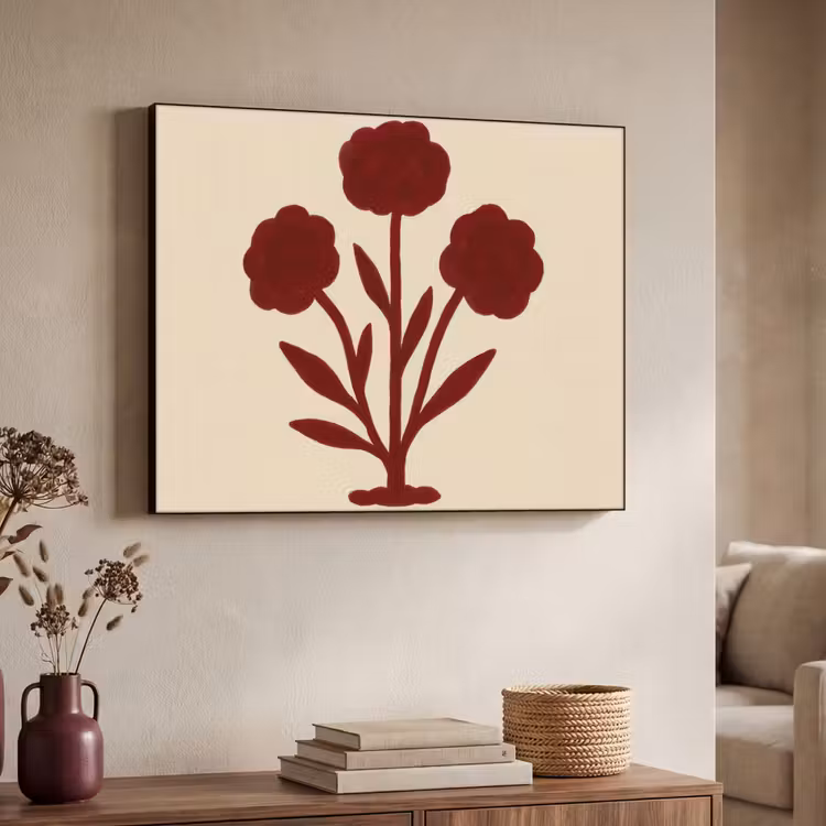 Bloemen - Bladeren - Rood - Minimalistisch Textielframe zwart klein -sfeer3