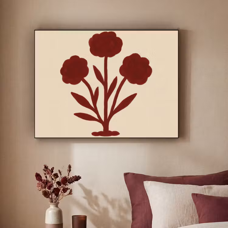 Bloemen - Bladeren - Rood - Minimalistisch Textielframe - compleet frame klein -sfeer1