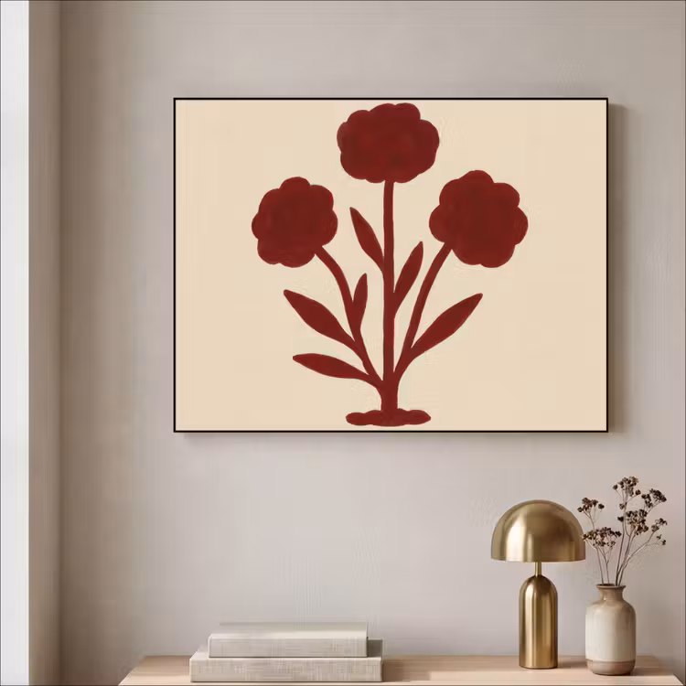 Bloemen - Bladeren - Rood - Minimalistisch Textielframe zwart klein -sfeer2