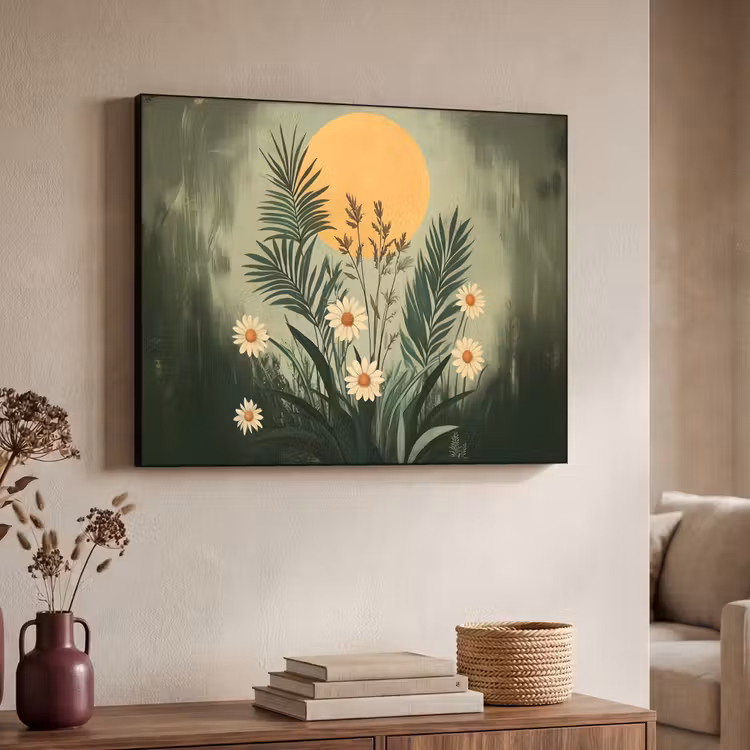 Bloemen - Bladeren - Zon - Groen Textielframe zwart klein -sfeer3