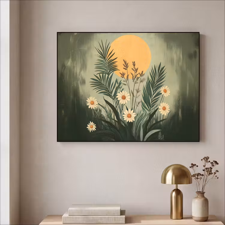 Bloemen - Bladeren - Zon - Groen Textielframe zwart klein -sfeer2