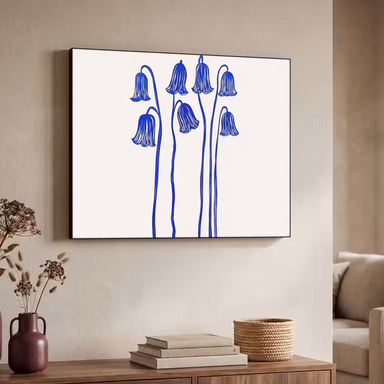 Bloemen - Blauw - Lijnen - Bloemblaadjes Textielframe zwart klein -sfeer3