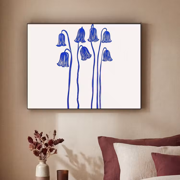 Bloemen - Blauw - Lijnen - Bloemblaadjes Textielframe zwart klein -sfeer1