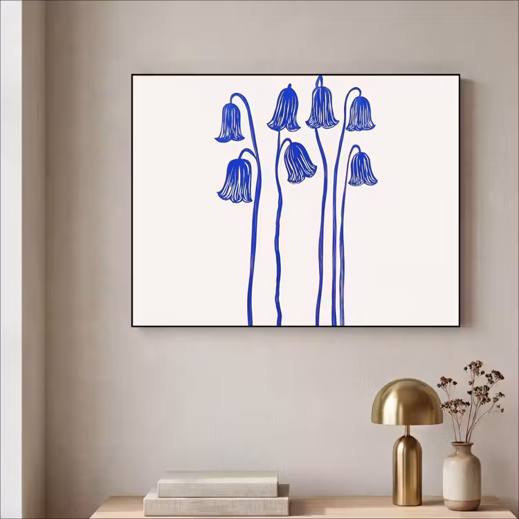 Bloemen - Blauw - Lijnen - Bloemblaadjes Textielframe - compleet frame klein -sfeer2