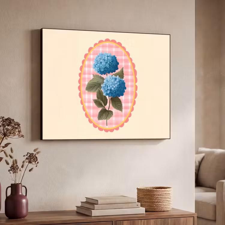 Bloemen - Blauw - Lijst - Bladeren Textielframe zwart klein -sfeer3