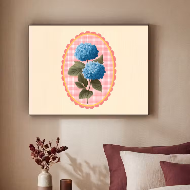 Bloemen - Blauw - Lijst - Bladeren Textielframe zwart klein -sfeer1