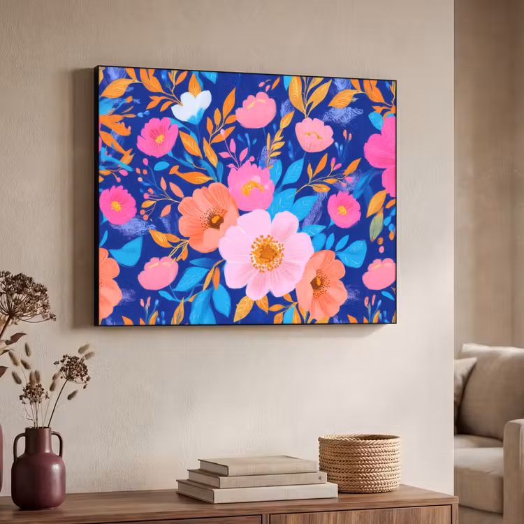 Bloemen - Blauw - Roze Textielframe zwart klein -sfeer3