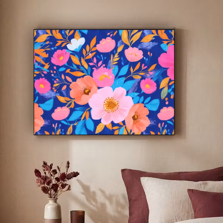 Bloemen - Blauw - Roze Textielframe zwart klein -sfeer1