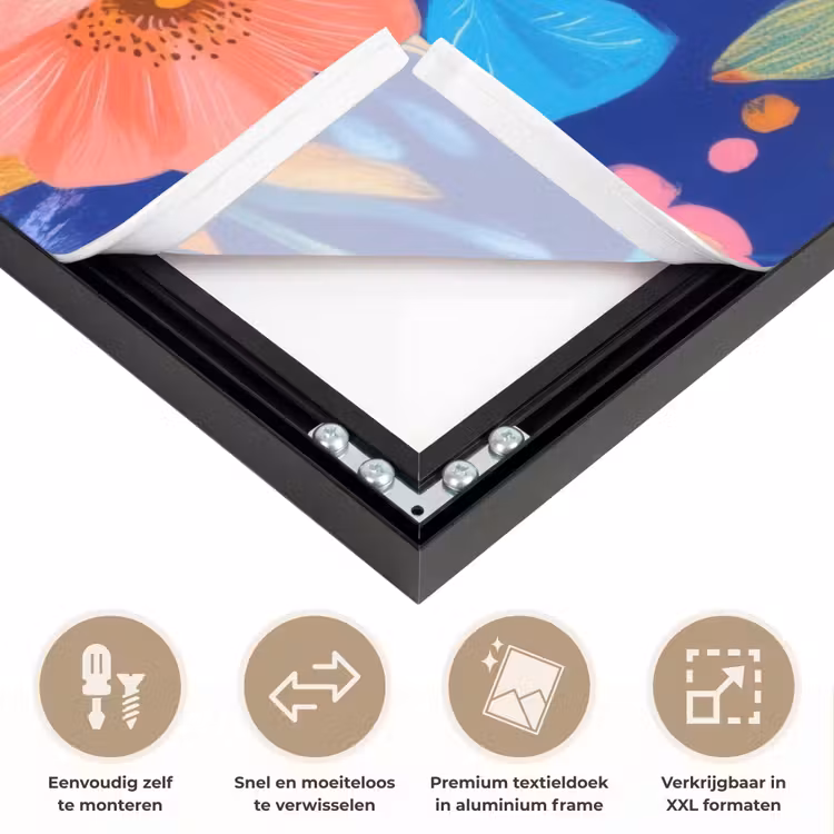 Bloemen - Blauw - Roze Textielframe zwart klein -USP_closeupNL