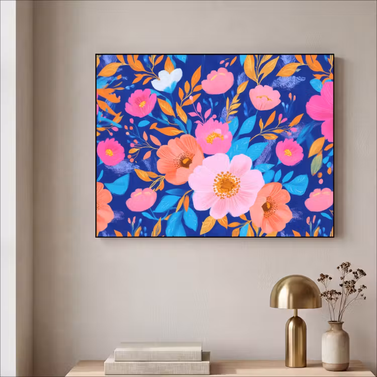 Bloemen - Blauw - Roze Textielframe - compleet frame klein -sfeer2