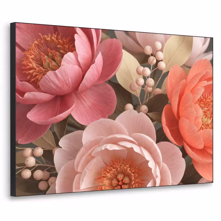 Bloemen - Bloesem - Zacht - Koraal - Decoratie Textielframe zwart klein -3d