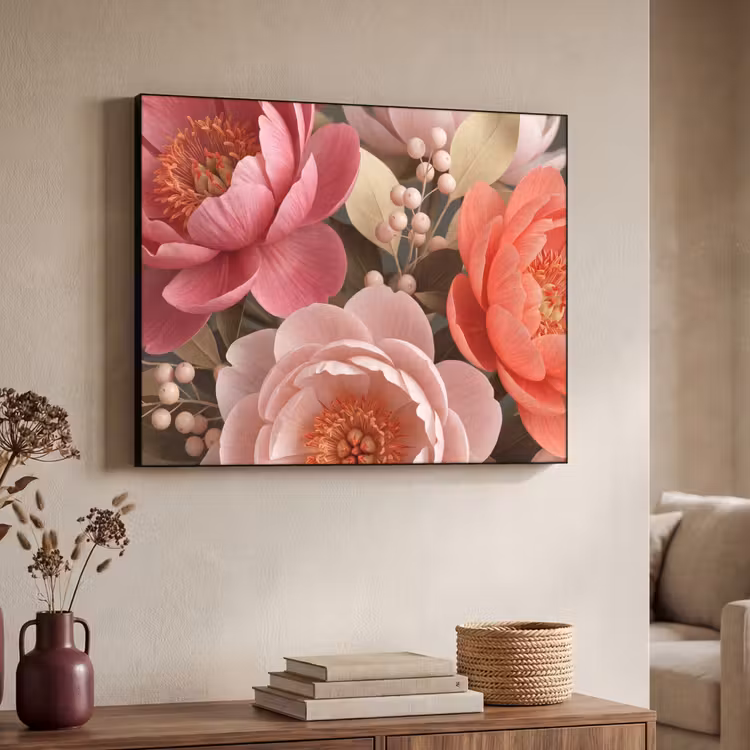 Bloemen - Bloesem - Zacht - Koraal - Decoratie Textielframe zwart klein -sfeer3