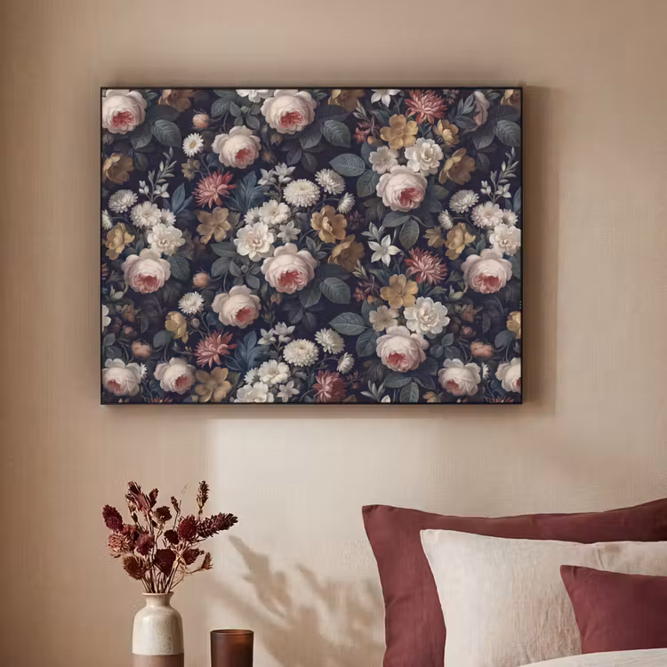 Bloemen - Boeket - Botanisch - Vintage - Donkere achtergrond Textielframe zwart klein -sfeer1