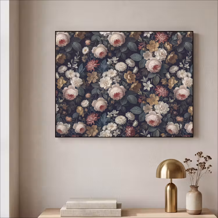 Bloemen - Boeket - Botanisch - Vintage - Donkere achtergrond Textielframe zwart klein -sfeer2