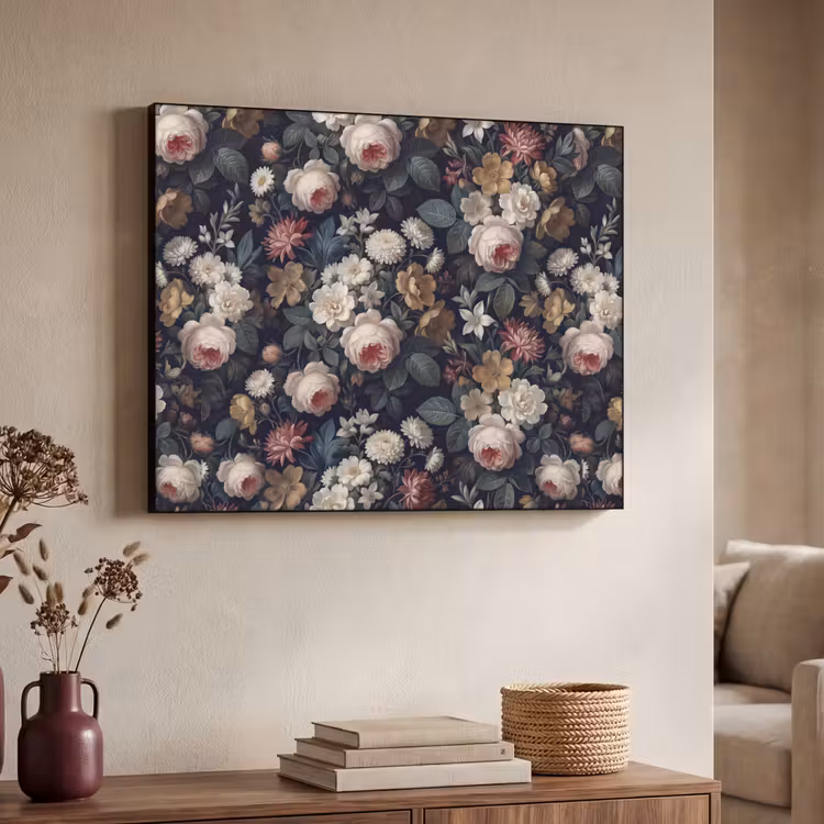 Bloemen - Boeket - Botanisch - Vintage - Donkere achtergrond Textielframe zwart klein -sfeer3